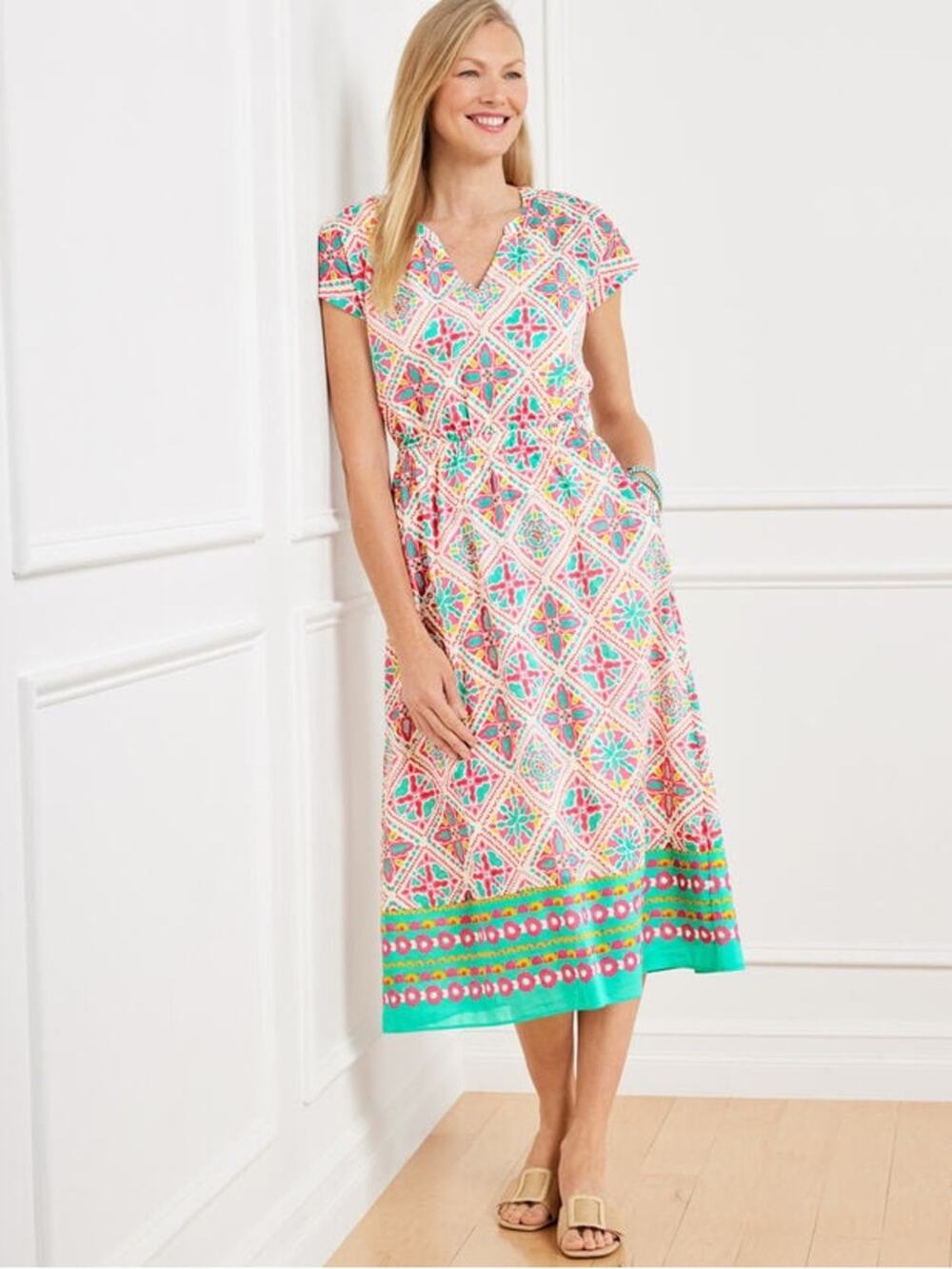 Talbots 100% Cotton Sleeveless Fit & Flare Voile Midi Dress LP Painterly Tile